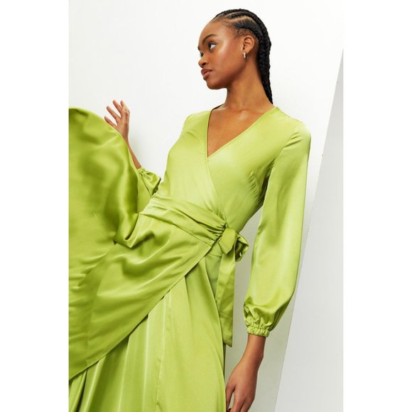 Nasty Gal Satin Balloon Sleeve Wrap Maxi Dress Size 4 Avocado Green - Picture 2 of 4